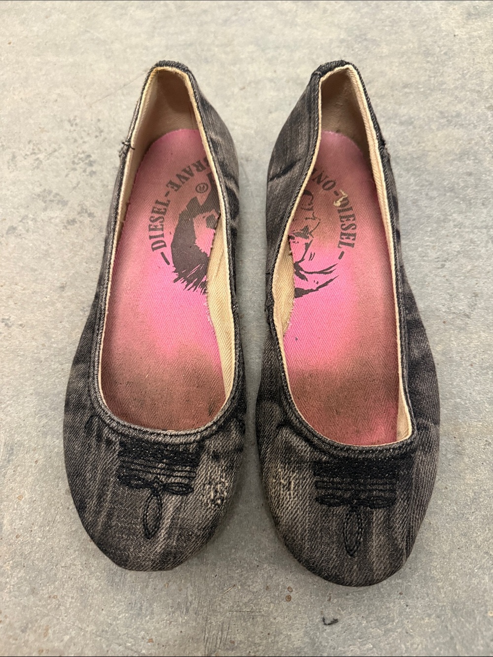 Diesel Vintage Y2K Black Denim Ballet Flats with Pink Insole